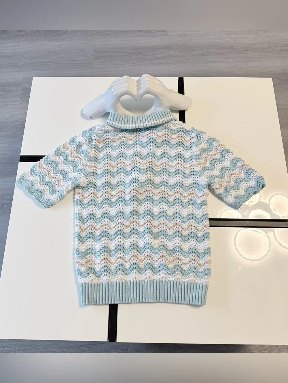 GG Blue Knit Polo Shirt  Pastel Blue Chevron Wave Crochet Short Sleeve Cotton 🩵